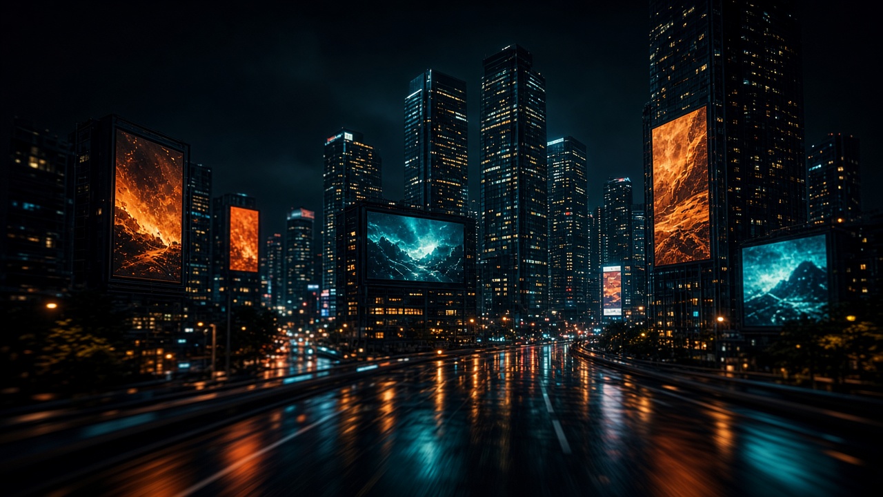 AI-generated illustration: night city advertising skyline